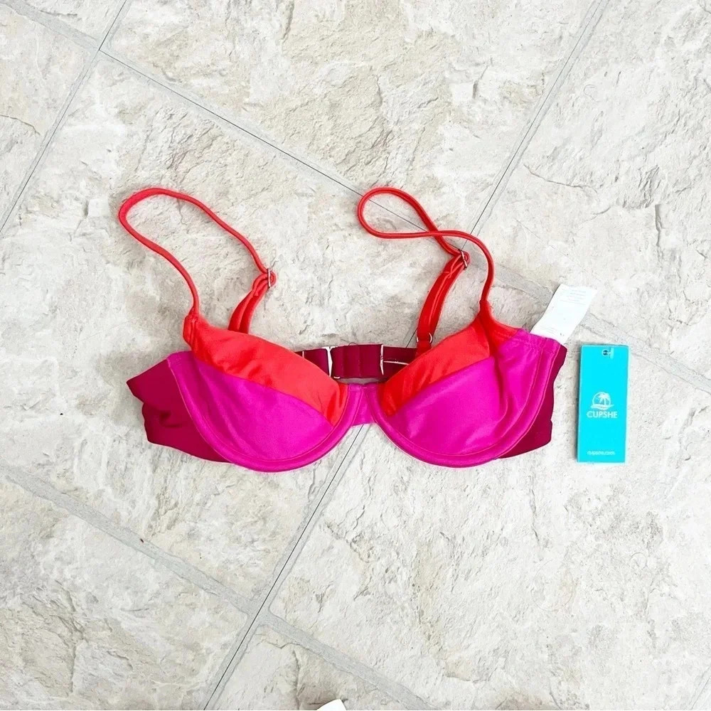 NWT Cupshe Colorblock Hidden Wonders Top XS & V-Front Bikini S Bottom Barbiecore - Picture 10 of 11